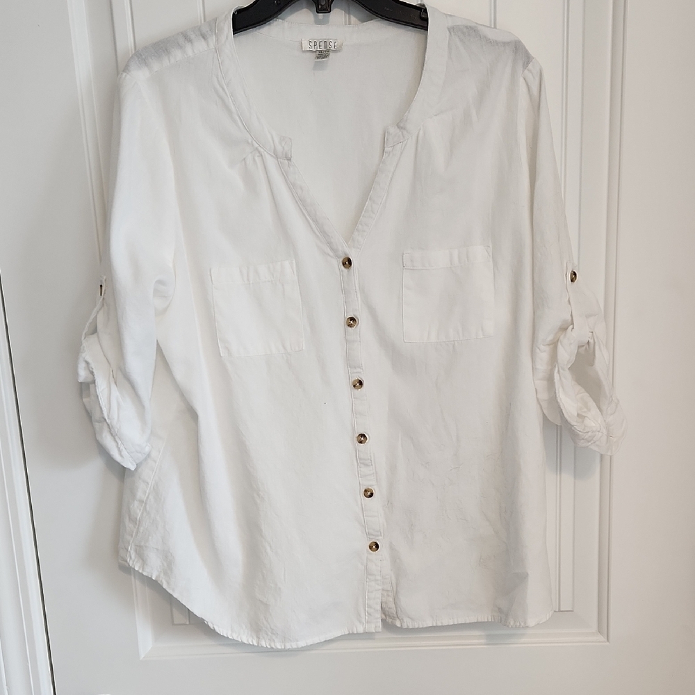Spense White 3/4 Sleeve Button Down Shirt XL